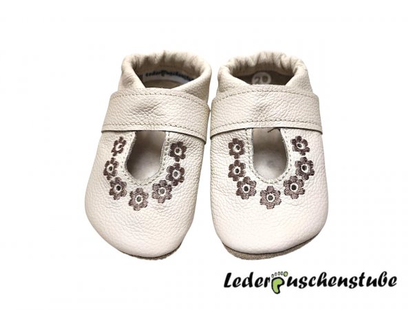 Lederpuschen Ballerina Taufschuh creme Blumen taupe